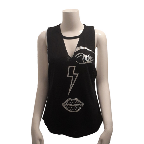 Zumba Fitness Tops - Zumba Fitness Black Graphic Tank Top Size XS Silver Eye Lightning Lips Choker